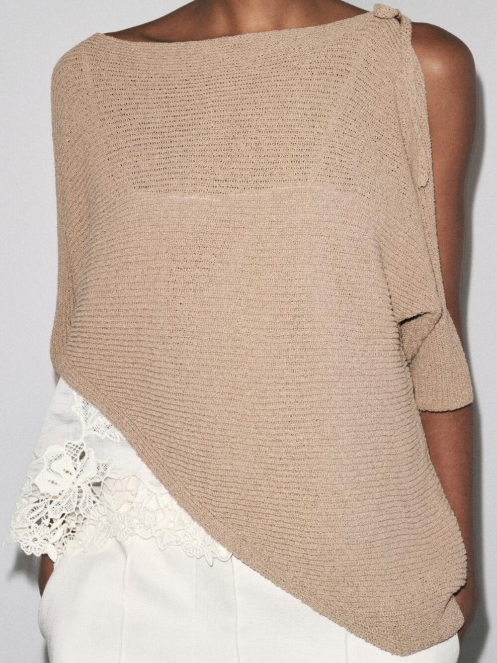 ZARA Asymmetrical Knit Top with Lace Contrast Women's Size Small Sand Dolman S